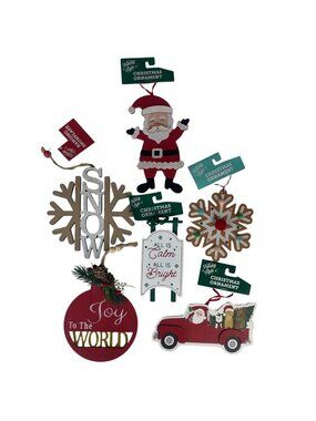 Holiday Style Christmas Wooden Ornament 6 Pc Set Santa Snowflake New